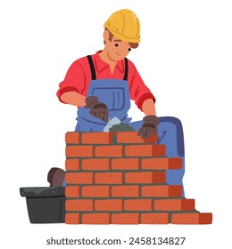 Mason Or Bricklayer Wearing Hard Hat, Actively Laying Bricks And Constructing A Brick Wall Or Structure. Next To Them Is A Bucket Containing Mortar, During The Bricklaying Process On Construction Site