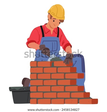 Mason Or Bricklayer Wearing Hard Hat, Actively Laying Bricks And Constructing A Brick Wall Or Structure. Next To Them Is A Bucket Containing Mortar, During The Bricklaying Process On Construction Site