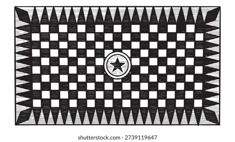 Mason checkered floor with black and white squares and a star in the middle. Hand drawn engraving in lineart