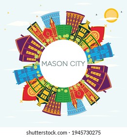 Mason City Iowa Skyline with Color Buildings, Blue Sky and Copy Space. Vector Illustration. Business Travel and Tourism Illustration with Historic Architecture.