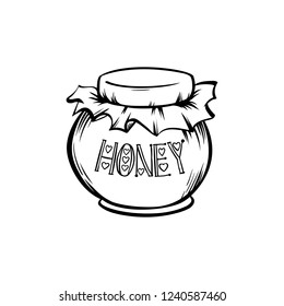 Mason or Glass Jar with Honey. Canned Organic Superfood Design. Black Outline Engraving Icon. Vintage Isolated Vector Illustration for Kitchen or Grocery Shop