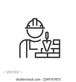 mason icon, builder profession, bricklaying specialist, bricks wall, thin line symbol on white background - editable stroke vector illustration