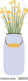 Mason jar with billy button stems and round blooms in a loose rustic arrangement. Symbol of home decor, countryside charm, and natural freshness for wedding or farmhouse. Cartoon vector illustration.