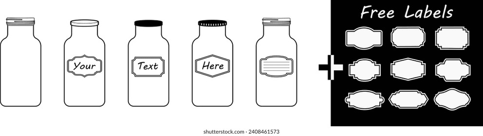 Mason Jar and bottle set. Empty glass jar with blank label. Glassware with lid or cover for canning. Vector silhouette