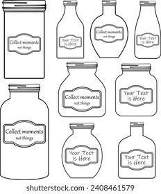 Mason Jar and bottle set. Empty glass jar with blank label. Glassware with lid or cover for canning. Vector silhouette