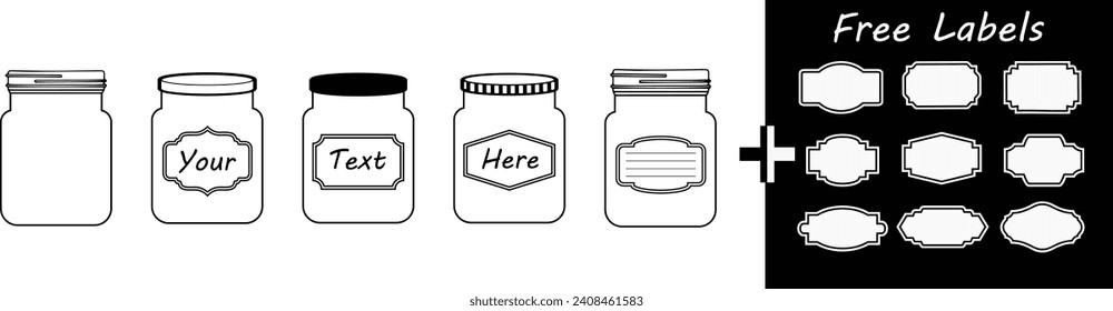 Mason Jar and bottle set. Empty glass jar with blank label. Glassware with lid or cover for canning. Vector silhouette