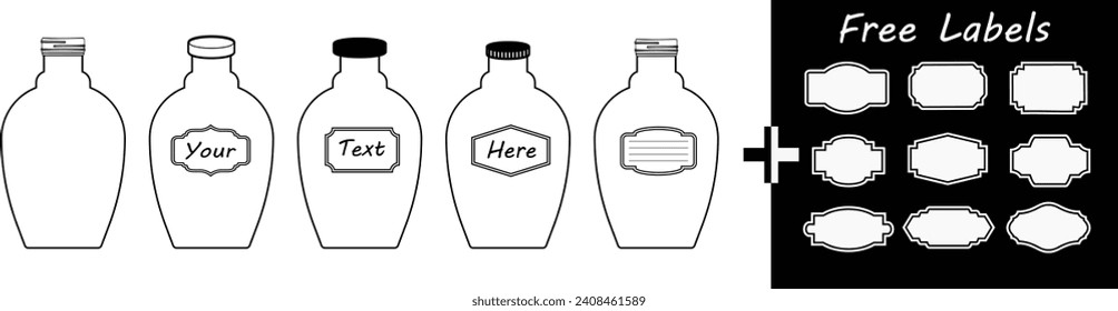 Mason Jar and bottle set. Empty glass jar with blank label. Glassware with lid or cover for canning. Vector silhouette