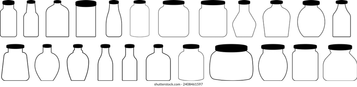 Mason Jar and bottle set. Empty glass jar with blank label. Glassware with lid or cover for canning. Vector silhouette