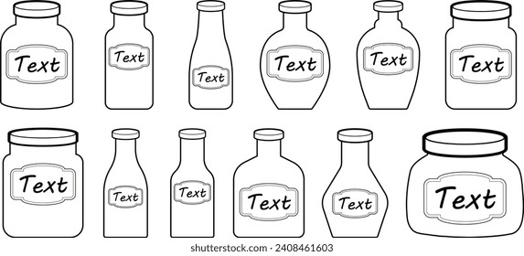Mason Jar y el set de botellas. Frasco de vidrio vacío con etiqueta en blanco. Vidrio con tapa o cubierta para el enlatado. Silueta vectorial