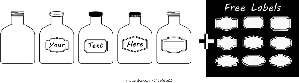 Mason Jar y el set de botellas. Frasco de vidrio vacío con etiqueta en blanco. Vidrio con tapa o cubierta para el enlatado. Silueta vectorial