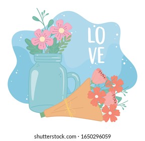 mason jar and bouquet flowers romantic decoration vector illustration