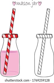 mason jar clip art,coloring page,pink cute transparent mason jar with beautiful straw,cartoon style,vector illustration 