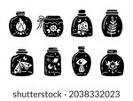 Mason jar clipart bundle, Celestial magic jar black and white glass bottles isolated items on white background, outline mystical bottle with mushroom, moon and stars, fire, vector illustrations set