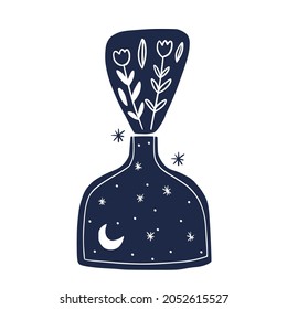 Parcela de cristal de tarro mason, frasco de vidrio celestial blanco y negro aislado de objetos sobre fondo blanco, contorno botella mística con luna y estrellas