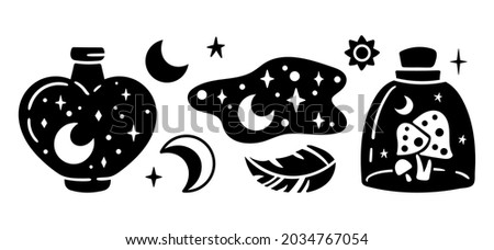 Mason jar clipart bundle, Celestial magic jar black and white glass bottles isolated items on white background, outline mystical bottle with rainbow, moon and stars, mushroom, vector illustrations set
