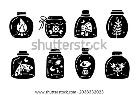Mason jar clipart bundle, Celestial magic jar black and white glass bottles isolated items on white background, outline mystical bottle with mushroom, moon and stars, fire, vector illustrations set
