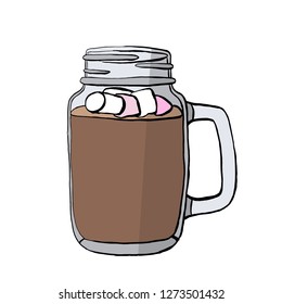 Mason Jar of cocoa and a cup of coffee with marshmallows for a cafe menu in the vector drink for children isolated
