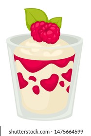 Frasco de mason con postre en capas dulces de frambuesa bayas op top vector taza de vidrio aislado con mousse, y crema de espuma de menta decoración de hojas de fruta maceta casera servida tazón delicioso comida de estilo plano