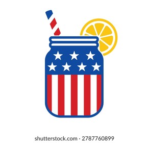 A mason jar drink with a lemon slice and straw, decorated with the classic American flag stars and stripes pattern.