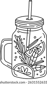 A mason jar filled with citrus slices and herbs in a clean line drawing style. The jar features a straw and intricate details of the ingredients. Cartoon vector illustration.