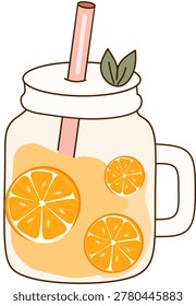 A mason jar filled with light orange beverage, sliced oranges inside, straw, lid with mint leaf and slice, isolated on white background.