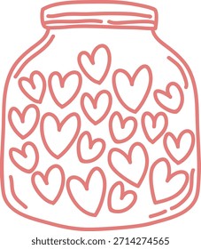 Mason jar filled with multiple heart shapes drawn as a loose doodle line art. Symbol of love, romance, gratitude, and care for valentine messages and wedding favors. Cartoon vector illustration.