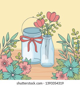 mason jar with floral decoration in wooden floor