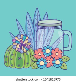 mason jar flowers cactus floral foliage natural decoration vector illustration
