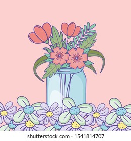 mason jar flowers foliage nature decoration vector illustration