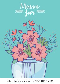 mason jar flowers leaves branch decoration vector illustration