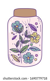 Mason jar with flowers and leaves design, Retro vintage decoration canning party old bouquet and cute theme Vector illustration
