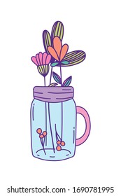 Mason jar with flowers and leaves design, Retro vintage decoration canning party old bouquet and cute theme Vector illustration