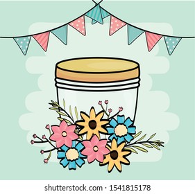 mason jar flowers pennants garland decoration vector illustration