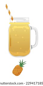 Mason jar of fresh pineapple smoothie on white background