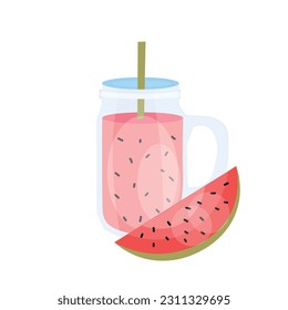 Mason jar of fresh watermelon smoothie on white background