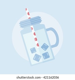 Mason jar with handle with soda or cold water with drinking straw. Mason jar of water with ice flat icon. Vector illustration.