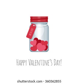 Mason jar with hearts inside. Congratulation on Valentine's Day. Vector illustration.