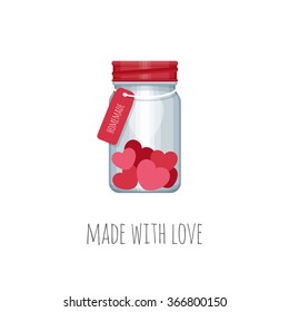 Mason jar with hearts inside. Vector illustration.