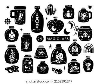 Mason Jar Isolated Clip Art Bundle, Celestial Black And White Glass Bottles, Magic Witches Brew Set, Mystical Jars Silhouette With Rainbow, Moon, Crystal, Mushrooms Vector Images Collection