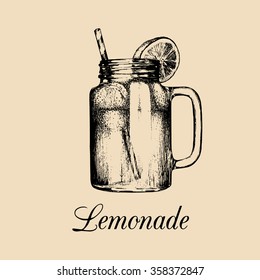 Mason jar isolated. Vector home made lemonade with straw and slice of lemon illustration. Hand drawn sketch of soft drink for restaurant, bar, cafe menu design, logo etc. 