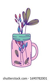 Mason jar with leaves design, Retro vintage decoration canning party old bouquet and cute theme Vector illustration