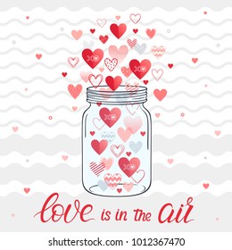 Mason jar with lettering,different hearts,hugs and kisses.Romantic heart illustration perfect for design greetings, prints, flyers,cards,holiday invitations and more.Vector Valentines Day card.