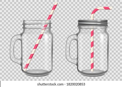Mason jar with lid and drinking straw mock up. Isolated transparent cup with handle. Empty clear glass mockup. Vector realistic 3d illustration.