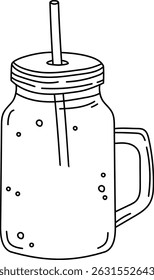 Un frasco de albañil con una tapa y paja en un estilo de dibujo de línea limpia. El frasco presenta burbujas y un mango, representado en un contorno minimalista. Ilustración vectorial de dibujos animados.