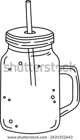 A mason jar with a lid and straw in a clean line drawing style. The jar features bubbles and a handle, depicted in a minimalist outline. Cartoon vector illustration.