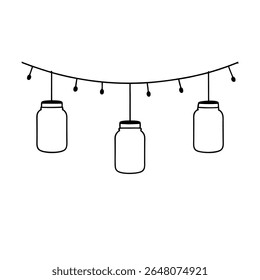 Mason jar lights hanging on wire detailed outline in line art Vector illustration