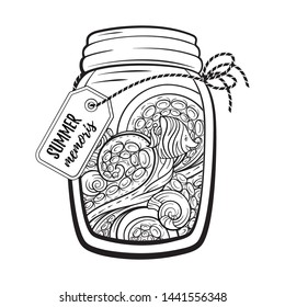 Mason jar with marine contents. Summer memoris antistress colorin page. Black and white vector graphic.