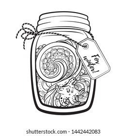 Mason jar with marine contents. Summer memories antistress coloring page. Black and white vector graphic.