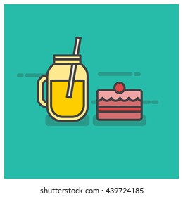 Mason Jar Milk Shake and Cake (Vector Illustration in Line Art Flat Style Design)