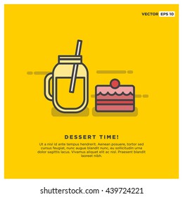 Mason Jar Milk Shake and Cake (Vector Illustration in Line Art Flat Style Design)